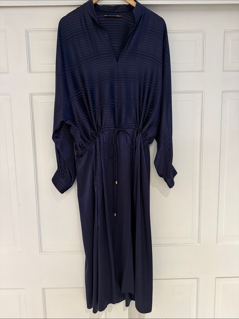 Tory Burch Navy Textured Drawstring Maxi Dress